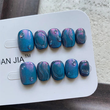 Qfdian Short Handmade Press on Nails Design Cat Eye Glitter False Nail Reusable Wearable Manicure Art Round Head Finger Tips Fake Nails